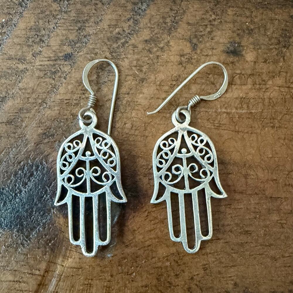 925 Sterling Silver Hamsa Hand Filigree Dangle Earrings Hand of Fatima Boho